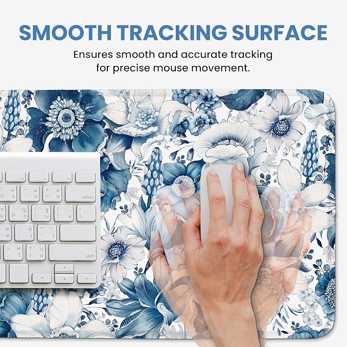 Aesthetic Desk Mat, Cute Blue Floral Desk Pad Protector for Work & Decor, 35.4" x 15.7", Pretty Non-Slip Extended Mouse Pad for Office or Home