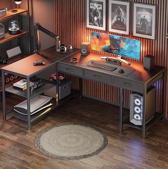 55 Inch L Shaped Office Desk with Power Outlets and Type-C Port, Large Computer Gaming Desk with 3 Fabric Drawers, Mesh Shelves, Corner Study Work Writing Desk, Black