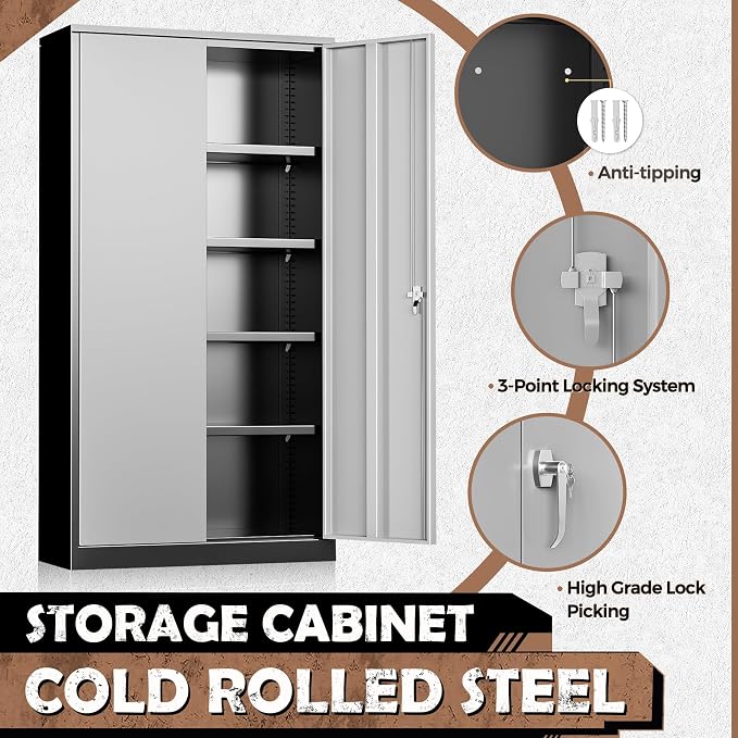 Metal Storage Cabinet, 72” H Storage Cabinet with 2 Doors and 4 Adjustable Shelves for Office, Home, Garage, Pantry (Assembly Required, Black Grey)