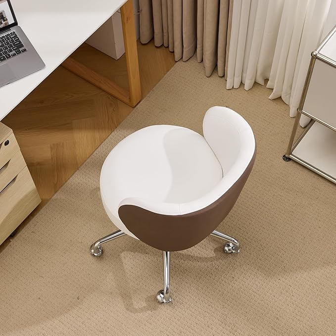 VINGLI Cute Small Swivel Desk Chair Comfy with Wheels,Ergonomic Low-Back Lumbar Support Vanity Nail Tech Rolling Task Stool Chair for Home Office,Height Adjustable,PU Leather White&Suede Khaki