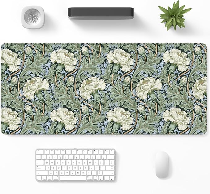 Desk Mat, Large Gaming Mouse Pad, 32" x 12", White Retro Floral | Waterproof Desk Pad, Non-Slip Rubber Base, Desktop Mat with Stitched Edges, Desk Accessories for Office, Work, Home