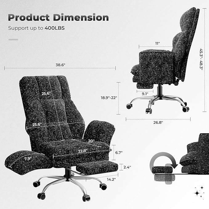 Big and Tall Office Chair, Flip Armrests for Pets & Cross Legged Sitting | Executive Ergonomic Computer Gaming Chair with Foot Rest, Wide Seat Reclining Desk Chair, Galaxy Black