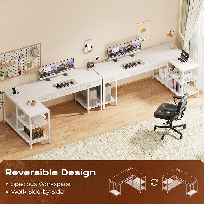 63 Inch L Shaped Office Desk with Power Outlets and Type-C Port, Large Computer Gaming Desk with 3 Fabric Drawers, Mesh Shelves, Corner Study Work Writing Desk, White