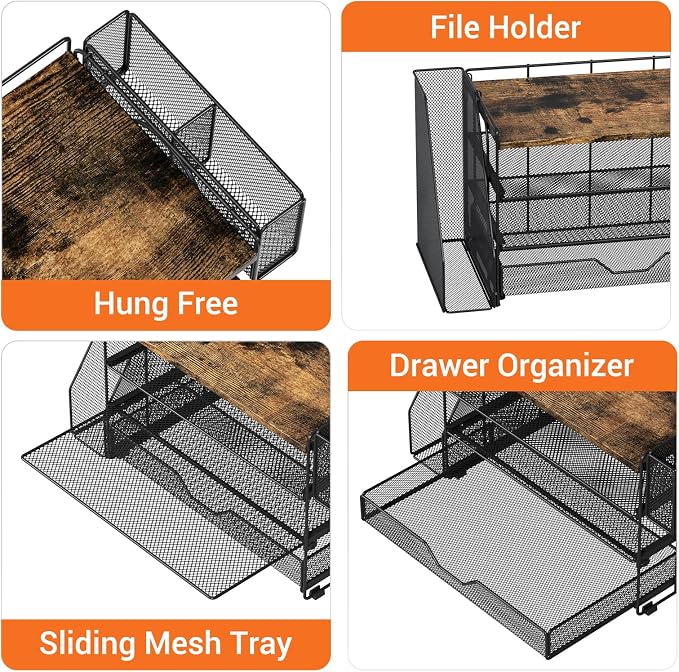 Desk Organizers and Accessories, 4-Tier Desktop File Organizer with Drawer and Pen Holders, Office Desk Accessories Workspace Organizers for Office Supplies (Brown)