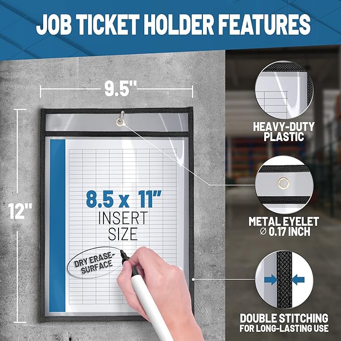 50 Pack Job Ticket Holders 8.5x11 - Work Order Plastic Sleeves for Documents - 8 1/2 x 11 Shop Ticket Holders - Heavy Duty Sheet Protectors - Dry Erase Pocket Sleeves - Dry Erase Clear Pocket Sleeve