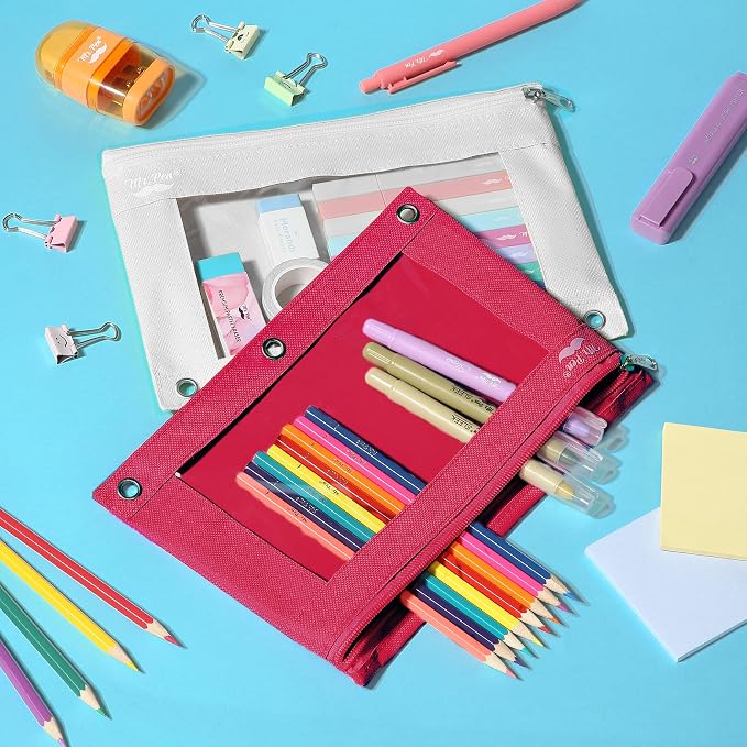 Mr. Pen- Pencil Pouch for 3 Ring Binder, 2 Pack, 10"x6.75", Smooth Zipper | Clear Window, Large Capacity Pencil Case with 3 Reinforced Grommets for School, Office, Supplies Storage | Clear Window, Large Capacity Pencil Case with 3 Reinforced Grommets f...
