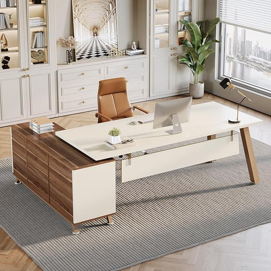 Tribesigns 78.7" L-Shaped Executive Desk, Modern Office Desk with File Drawers & Storage Shelves, Large Computer Desk with 55-Inch Cabinet, Business Workstation for Home Office, Beige & Walnut