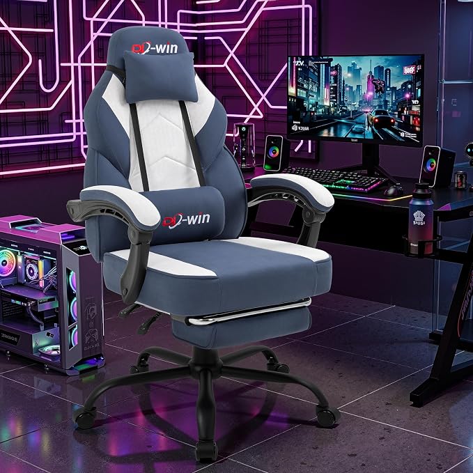 Video Gaming Chair for Adults, Computer Chair with Footrest and Ergonomic High Back, Big and Tall Gamer Chair with Massage Lumbar Support (Light Blue Fabric)