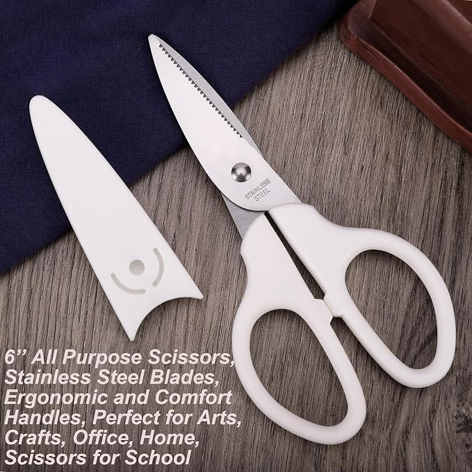 YOUGUOM 6in White Scissors, Multipurpose for Office School Crafts Sewing | Comfort Grip, Stainless Blades, Left/Right Hand, Cuts Cardboard, Fabric for Home Classroom, Teacher Desk, w/Protective Cover