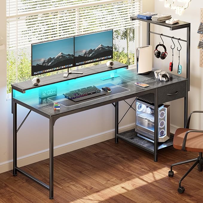55.1 Inch Gaming Desk with LED Lights & Power Outlets | Computer Desk with Drawer & Storage Shelves, Office Writing Desk with Monitor Stand for Work from Home, Grey