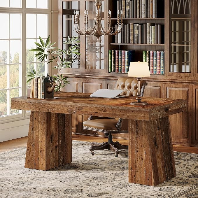 Tribesigns 55" Executive Desk, Wooden Office Desk with Double Pedestal, Modern Simple Computer Writing Table for Home Office, Mix Brown