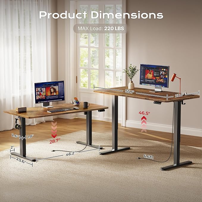Huuger Electric Standing Desk with Power Outlets and USB-C Port, 55 X 24 Inch Height Adjustable Desk, Sit Stand Desk for Home Office, Computer & Gaming Desk with 4 Presets, Rustic Brown