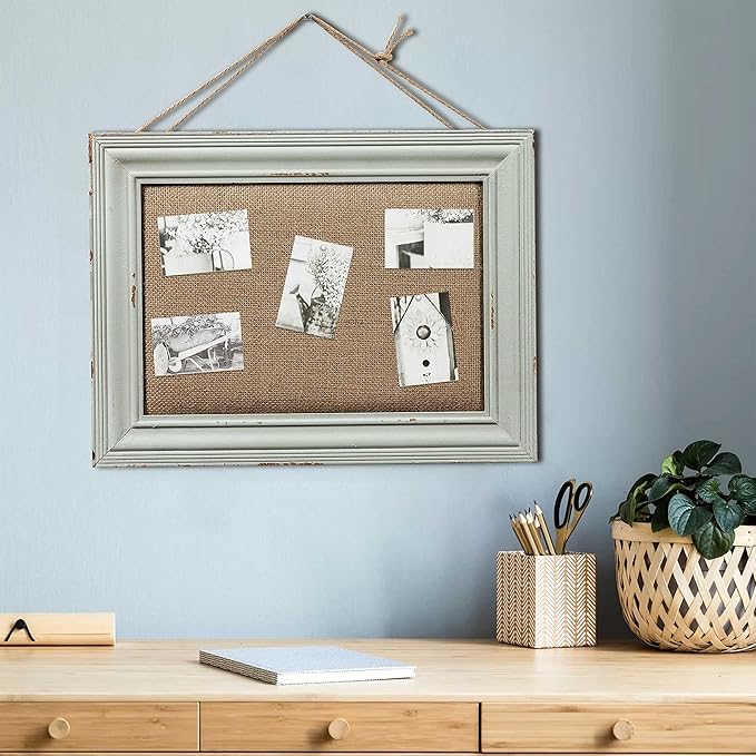 SOFE Cute Linen Small Bulletin Board, 15.7×12 Inches Decorative Cork Boards for Walls with Frame, Wood Vision Board Farmhouse Pin Board for Home Office School, Rustic Memo Board Display Photo