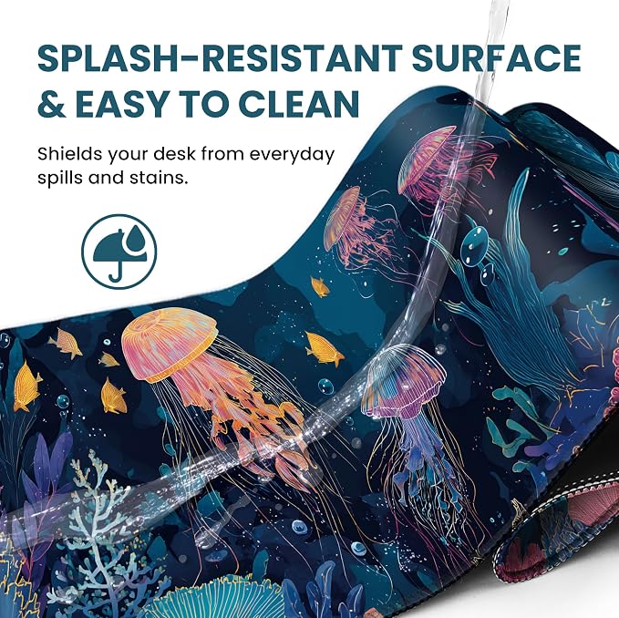 Aesthetic Desk Mat, Cute Ocean Jellyfish Desk Pad Protector for Work & Decor, 31.5" x 11.8", Pretty Non-Slip Extended Mouse Pad for Office or Home