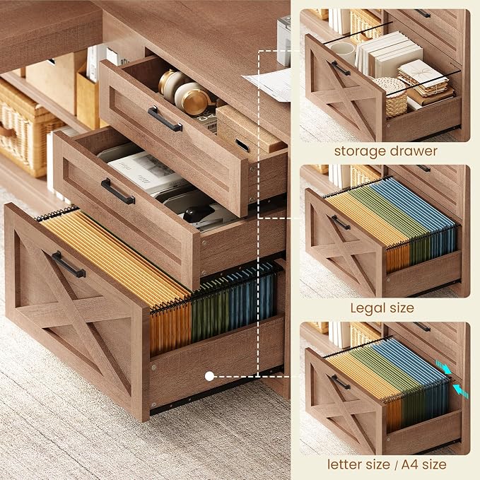 SEDETA 61" L Shaped Office Desk with Drawers and Storage, Light Brown | Computer Desk with Storage Shelves and Power Outlet, Corner Gaming Desk with LED Light and Display Cabinet for Home Office