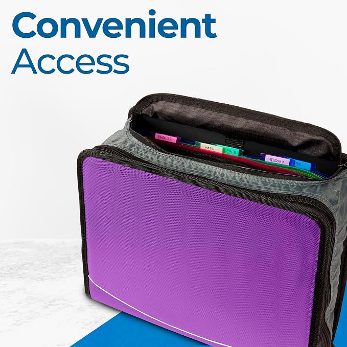 Case-it School Zipper Binder | 3" O-Rings | 600-Sheet | D-146 Deep Purple | Mighty Zip Tab, 5-Subject Expanding File Folder, Multiple Pockets, Storage Organizer, Shoulder Strap, 6-Pack, Office
