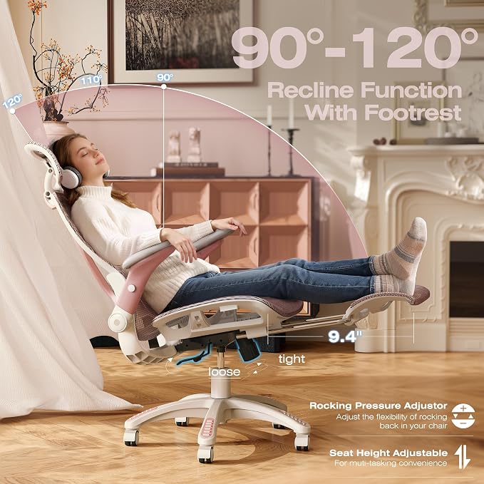 X100 Ergonomic Mesh Office Chair with Footrest, Big and Tall Home Desk Chair with 5D Flip-Up Arms, Adjustable 3D Lumbar Support, Gaming & Executive Computer Chair (Peach Blossom)