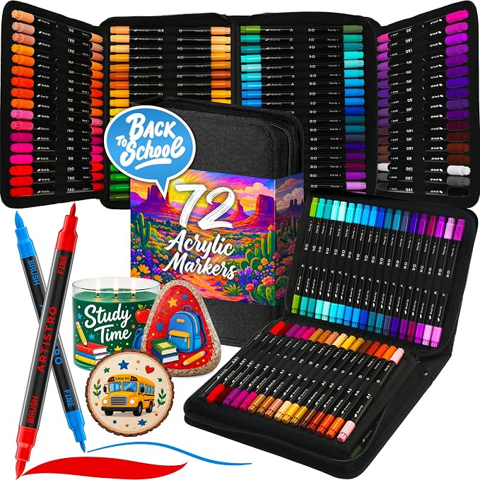 ARTISTRO Acrylic Paint Markers, Dual-Tip Paint Pens, Black 72 Pack | Brush & Fine Precision Tips, Painting & Calligraphy, Multisurface for Fabric, Rock, Glass Painting, Wood, DIY, Craft, Canvas