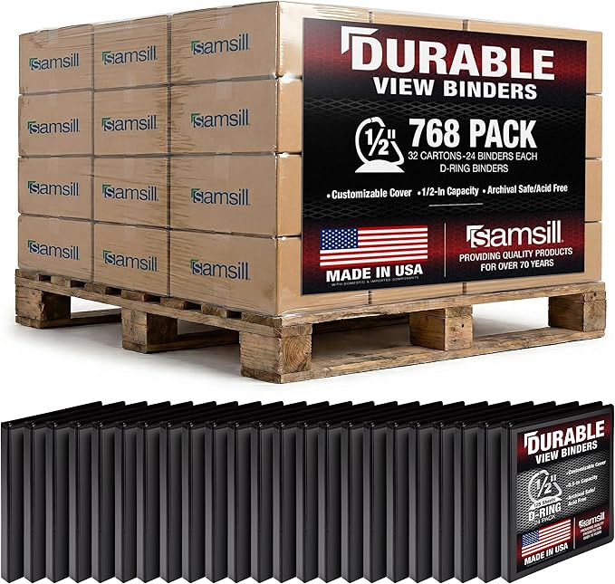 Samsill Durable 0.5 Inch Binder, Customizable Clear View Cover, Black, 24 Pack, Each Holds 125 Pages, Pallet of 768 Binders in 32 Cartons