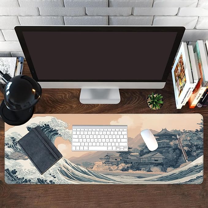 Long Gaming Mouse Pad Extended Anime Large Desk Pad with Non-Slip Base Full Keyboard Mat with Stitched Edges for Gaming and Office 31.5 x 11.8 inches (Town Wave)