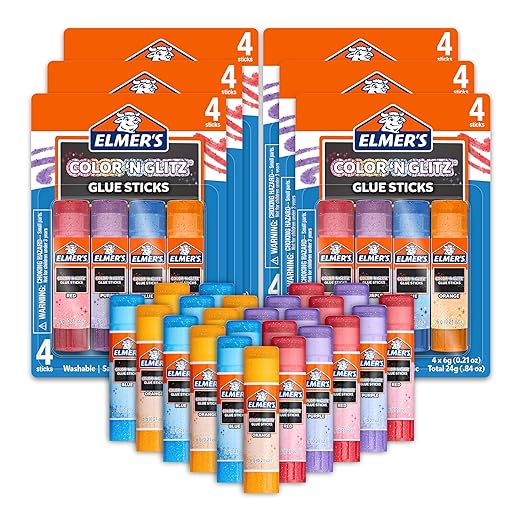 Elmer’s Color 'n Glitz Glue Sticks, Washable, Assorted Colors, 24 Count (6 Packs of 4) - Creative Fun, Arts & Crafts, #1 Teacher Brand
