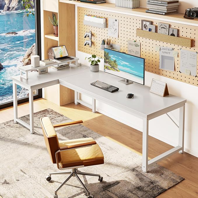 53" L Shaped Computer Desk, Power Outlets, Monitor Stand, White | USB-C Ports, Reversible Charging Station, Spacious Desktop & Legroom, 0.94 Inch Thick Desktop, for Gaming, Study & Work