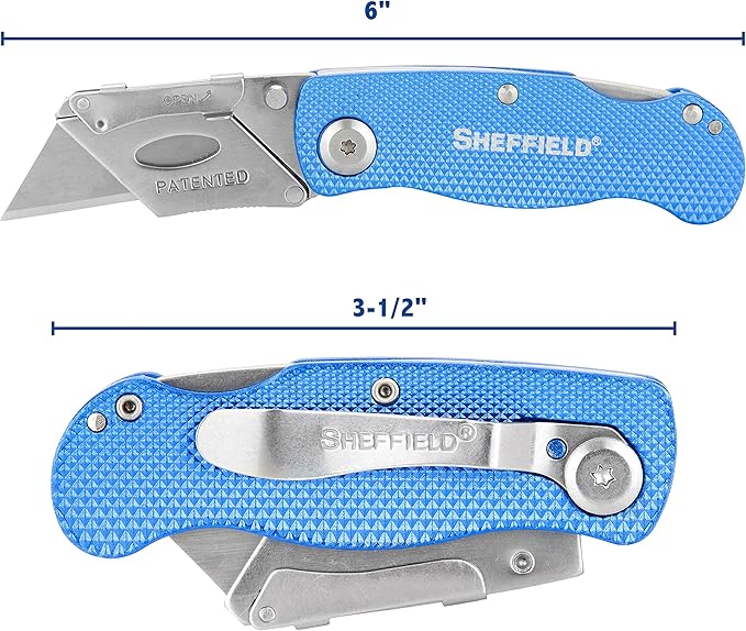 Sheffield 12514 Folding Utility Knife 3 Pack,Stocking Stuffers, Gifts for Men, Dad Gifts, Quick Change Utility Knife Blades, Compact Aluminum Handle, Box Cutter, Razor Blades Included