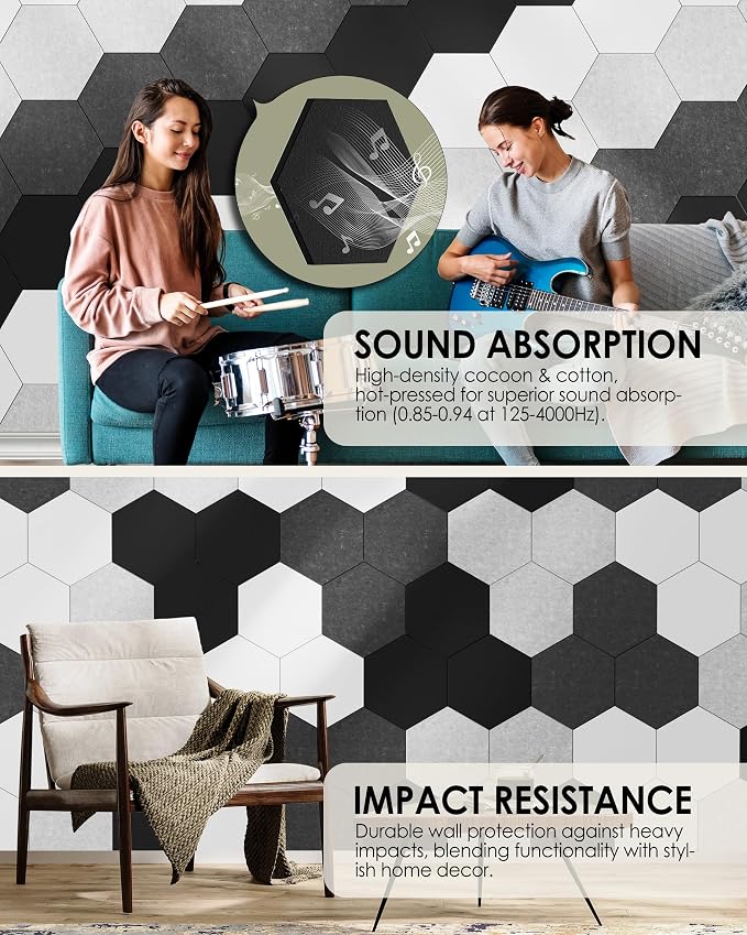 MaxGear Hexagon Bulletin Board, 8Pcs Wall Panels Office Decor Gradual Grey | Large Cork Boards For Walls Alternative, Hexagon Felt Wall Tiles Vision Board Pictrure Room Wall Decor With Push Pins