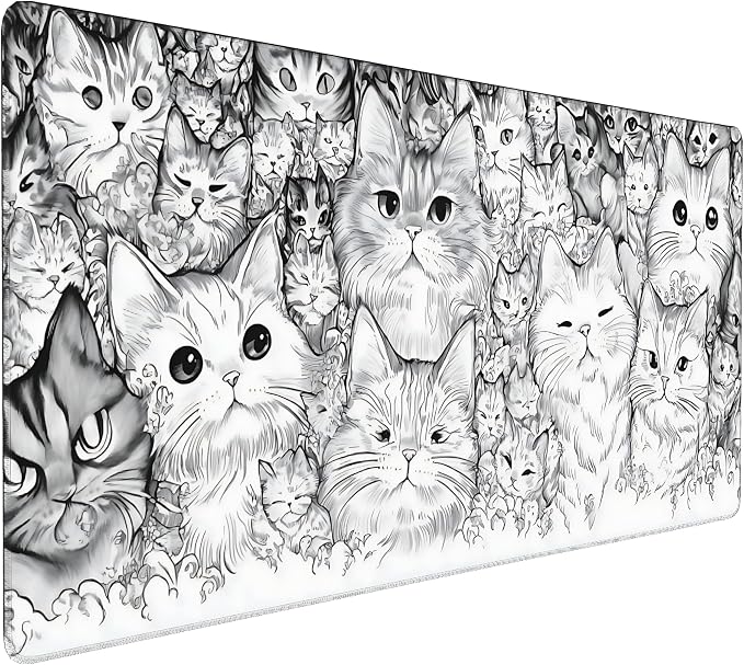 Anime White Cat Gaming Mouse Pad, Black White Sketch Desk Mat with Anti-Slip Base & Stitched Edges,35.4" x 15.7" in Desk Accessories for Women, Home Office Decor & Artistic Gift