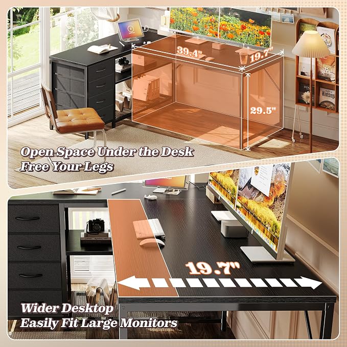 53" L Shaped Desk with Power Outlets & 4 Drawers | Reversible Computer Desk with 2 Storage Shelves, Large Corner Office Desk for Gaming Writing Work Study, Black