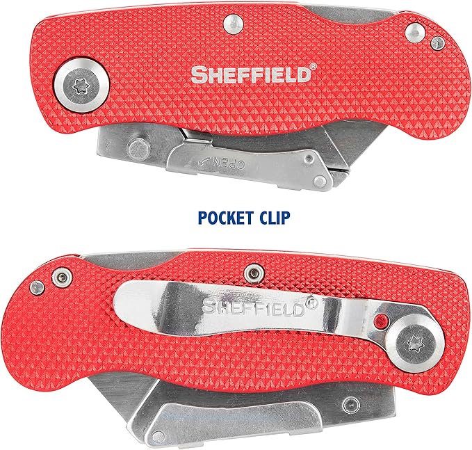Sheffield Folding Utility Knife, Accepts Standard Utility Knife Blades, Box Cutter Aluminum Handle, Razor Blades Included, For Home, Office, Trades, and Warehouse