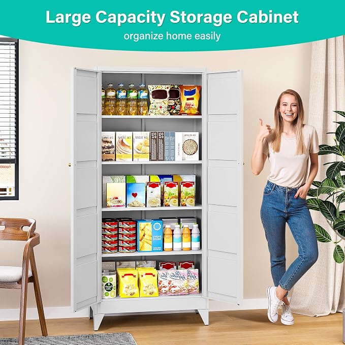 Pantry Storages Cabinet with 2 Doors and 5 Shelves,Tall Storage Cabinet,Large Cupboard Closet,Metal Storage Cabinet for Home,Bathroom,Dining/Living Room (White, 71" H)