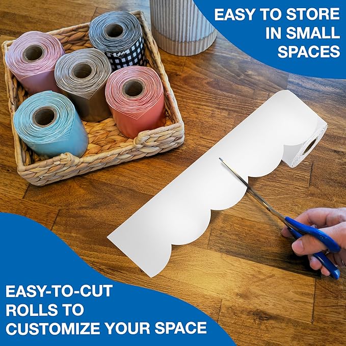 Carson Dellosa 65Ft of White Bulletin Board Borders, 1 Roll of Scalloped Paper Trim for Whiteboard, Cork and Posterboard, Party, Office Decorations, and Classroom Decor