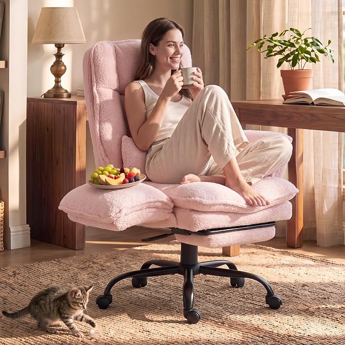 Wider Seat Office Chair with Flip Armrests for Criss Cross Legged&Cats, Big and Tall Executive Ergonomic Reclining Chair with Footrest&Lumbar Pillow, Teddy Fleece Desk Chair,Pink Vanity Chair