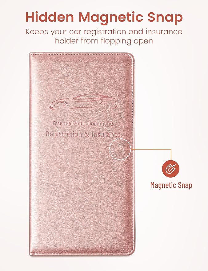 Yarnic Car Registration and Insurance Holder, Car Document Holder with Magnetic Closure, Car Wallet for Driver License, Cards and other Essential Documents (Rose Gold)