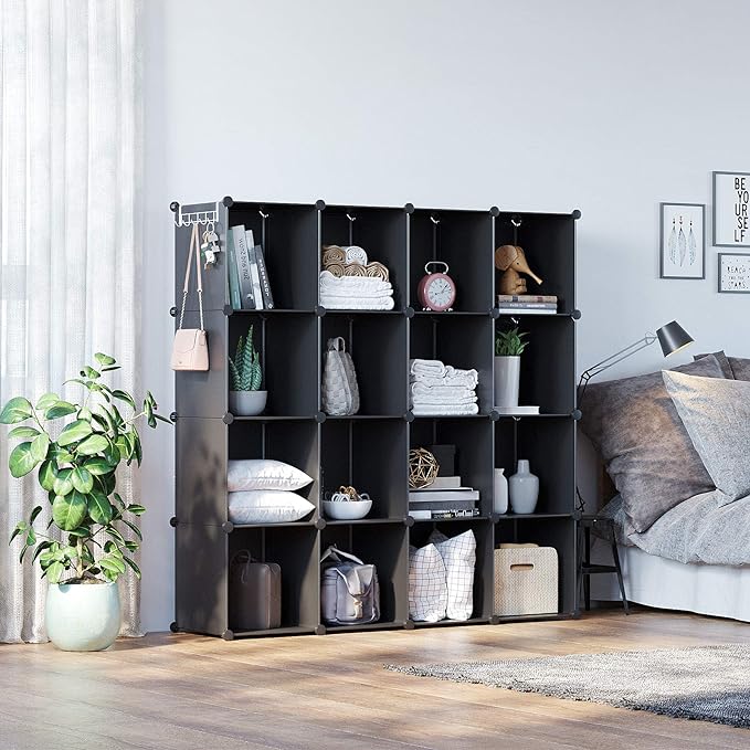 C&AHOME Cube Storage Organizer, 16-Cube Shelves Units, Plastic Storage Cubes, DIY Closet Organizer, Modular Closet Storage Shelves Ideal for Home, Bedroom, 48.4" L × 12.4" W × 48.4" H Black SUM3016H