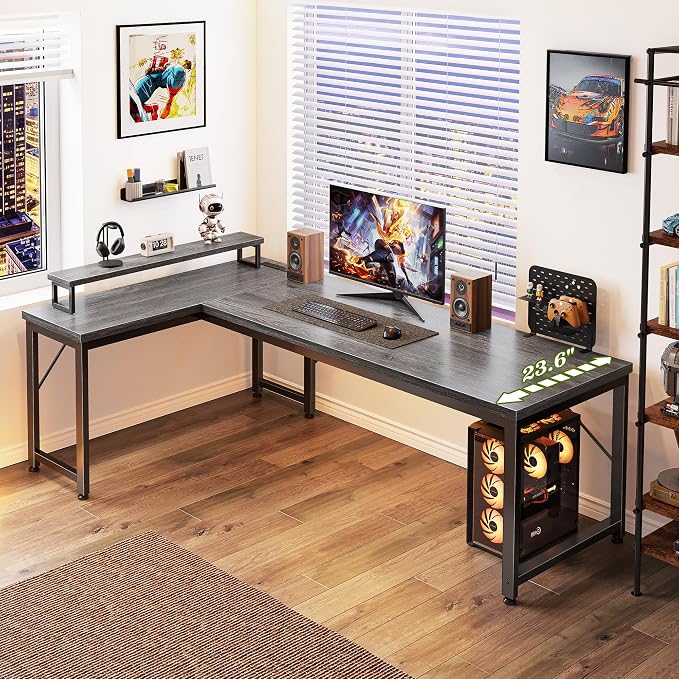 61" L Shaped Computer Desk, Power Outlets, Monitor Stand, Grey | USB-C Ports, Reversible Charging Station, Spacious Desktop & Legroom, 0.94 Inch Thick Desktop, for Gaming, Study & Work