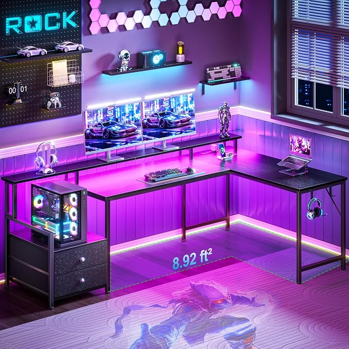 Korfile 66'' L Shaped Gaming Desk with Storage Drawers, Power Outlets, LED | Large Reversible Computer Desk for Multiple Monitors, Black Corner with CPU Stand for Gaming, Work, Home Office, Bedroom
