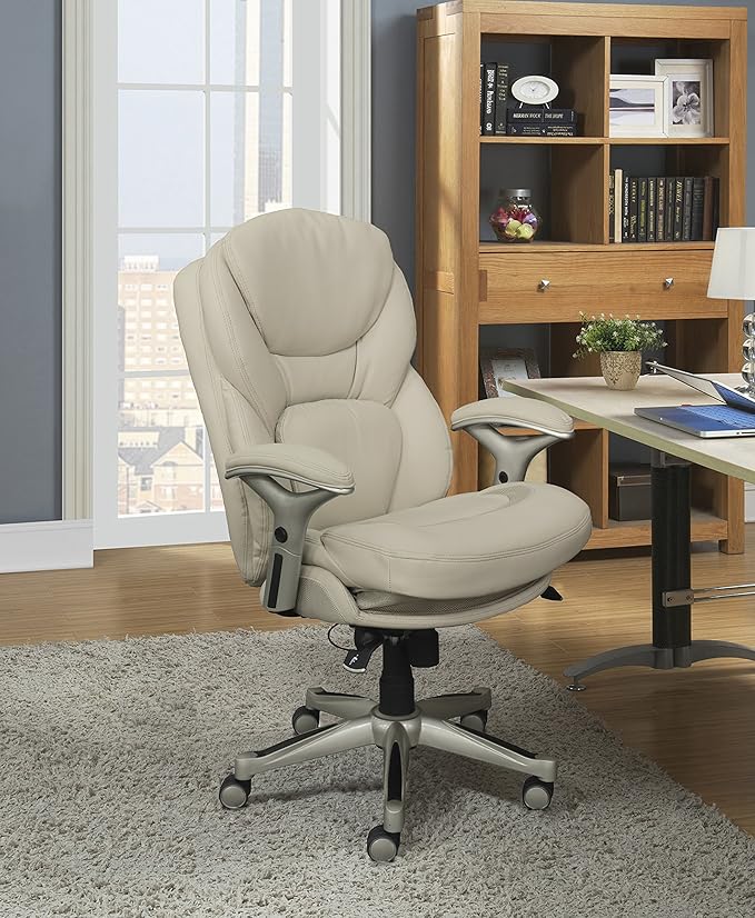 Serta Claremont Executive Office Chair with Back-In-Motion Technology, Ergonomic Mid-Back with Pivot Lumbar Support and Seat, Plush Cushion, Body Pillows, Adjustable Arms, Bonded Leather, Ivory White