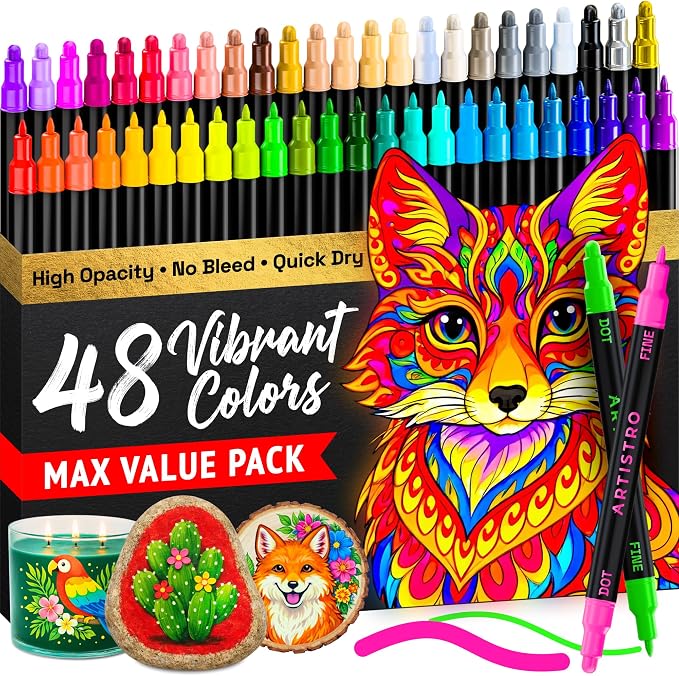 ARTISTRO Precision Dual-Tip Acrylic Paint Marker Pens - Set of 48 | For Fabric, Rock, Glass, Wood, & Coloring Books, Arts & Crafts Gift, Classroom Must Haves & School Supplies (Dot & Fine Tips)