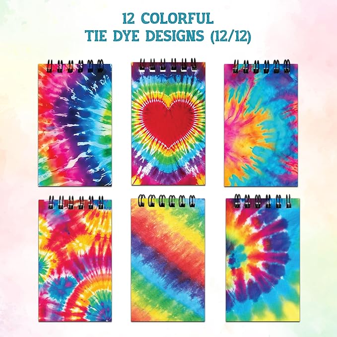 Decorably 24 Pack Spiral Tie Dye Party Favors for Kids 8-12 - 12 Colorful Designs 2.4x4in Small Notebook, Spring-Bound with 20 Sheets - Gifts for Birthday, Baby Shower, Children's Party, School