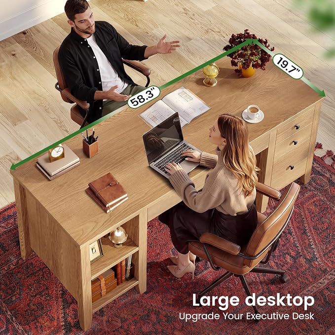 SEDETA Solid Pine Wood Computer Desk, 58'' Executive Home Office Desk with 4 Wood Drawers and Storage Shelves for Work Study Writing,Oak
