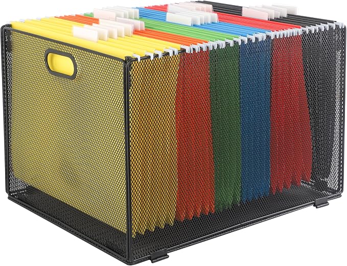 COSYAWN Hanging File Folder Organizer Box, Letter Legal Size, 1 Pack Black | Durable Metal Mesh Filing File Cabinet Inserts Storage Box with Portable Handle, Letter & Legal Size for Office Home School