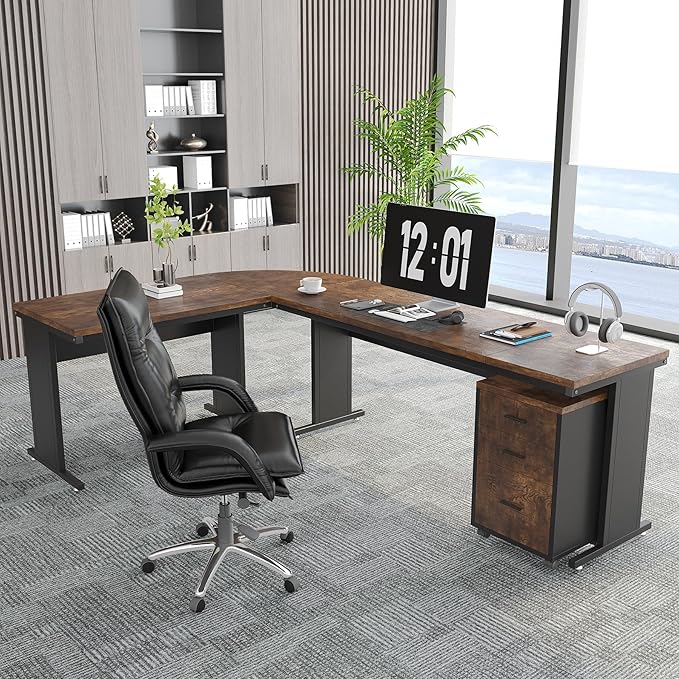 Tribesigns 83" L-Shaped Executive Desk, Large Office Desk with Drawers, Industrial Corner Computer Table with Rolling File Cabinet, Business Workstation for Home Office (Brown, 83 Inches)