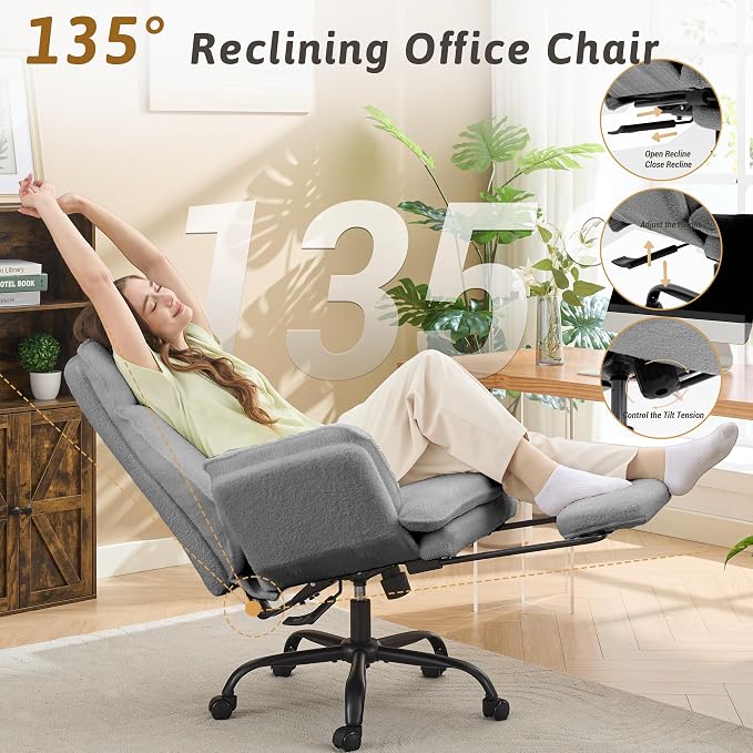 Wider Seat Office Chair with Flip Armrests for Criss Cross Legged&Cats, Big and Tall Executive Ergonomic Reclining Chair with Footrest&Lumbar Pillow, Teddy Fleece Desk Chair,Grey Vanity Chair