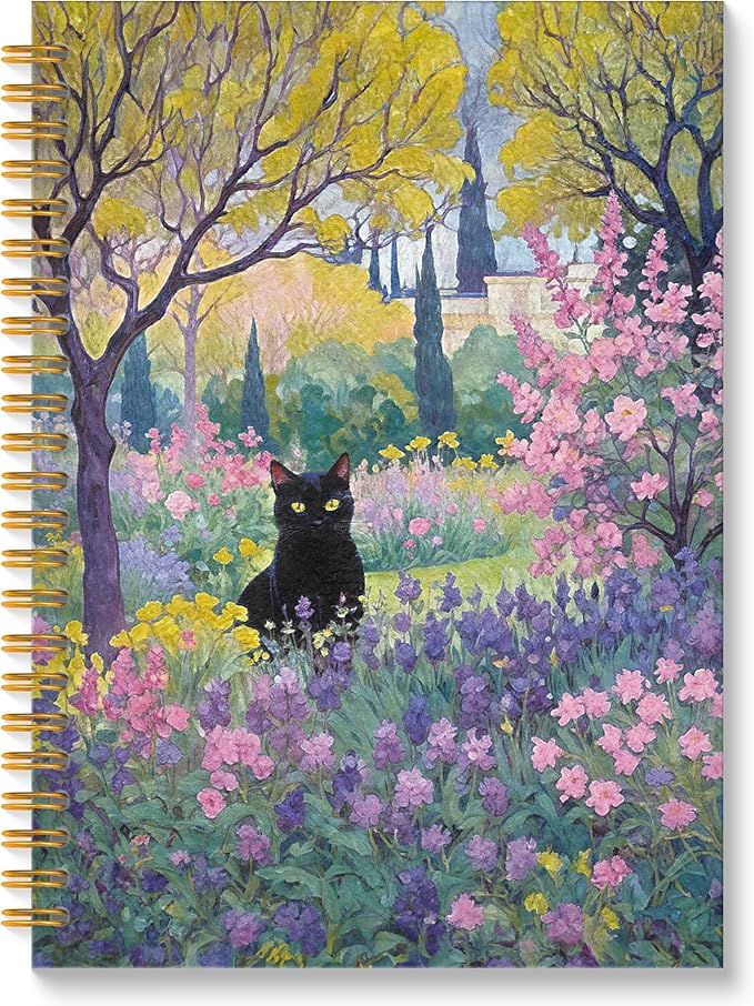 Garden Floral Black Cat Spiral Notebook, Black Cat Gifts Journal, Cats Lovers Mom Lady Gifts Journal Notebook, 5.5x8.3 Inch