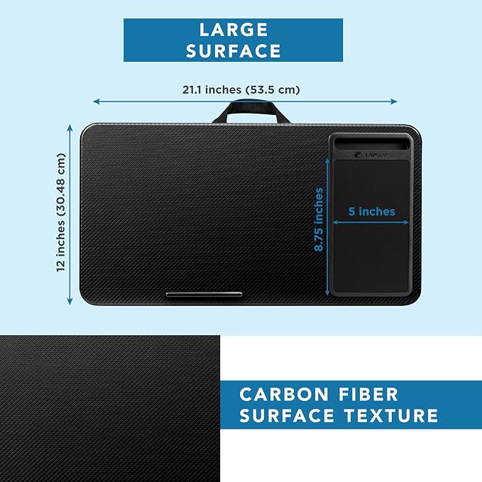 LAPGEAR Home Office Lap Desk – Black Carbon, Fits 15.6” Laptops | Built-In Mouse Pad & Phone Slot, Integrated Device Ledge, Dual-Bolster Microbead Cushion, Carry Handle