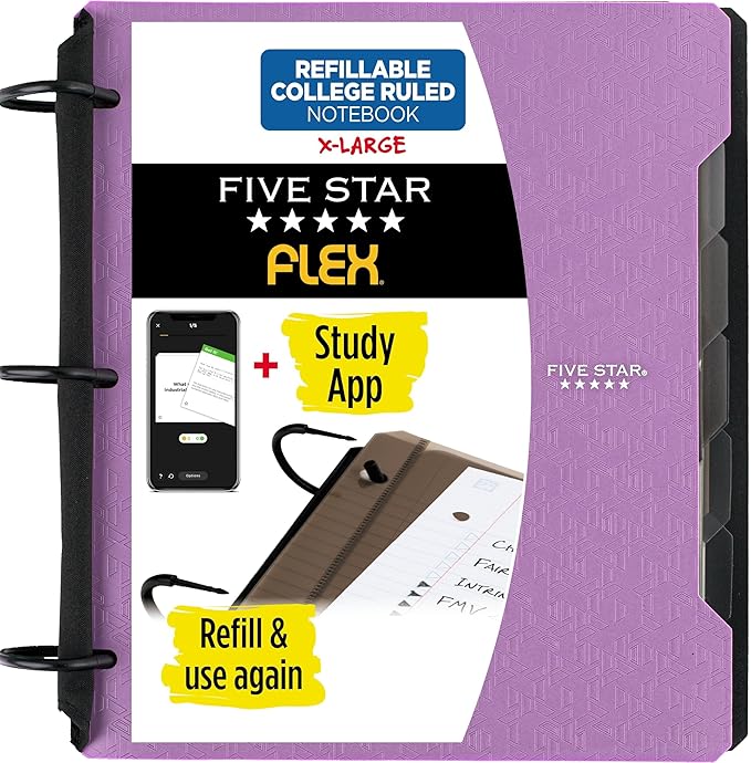 Five Star Flex Refillable Notebook + Study App, College Ruled Paper and 1-1/2 Inch TechLock Ring Binder with Pockets, Tabs and Dividers, 300 Sheet Capacity, Amethyst Purple (29324AB6)