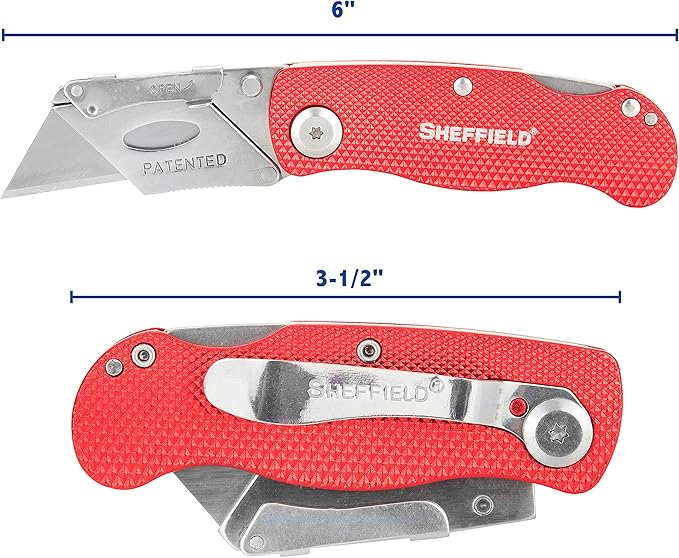 Sheffield Folding Utility Knife, Accepts Standard Utility Knife Blades, Box Cutter Aluminum Handle, Razor Blades Included, For Home, Office, Trades, and Warehouse