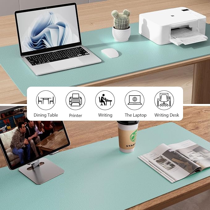 Aothia Faux Leather Desk Mat - Non-Slip PU Leather Desk Blotter, Waterproof Writing Surface, Large Desk Pad for Office & Home (Light Blue, 55" x 17")